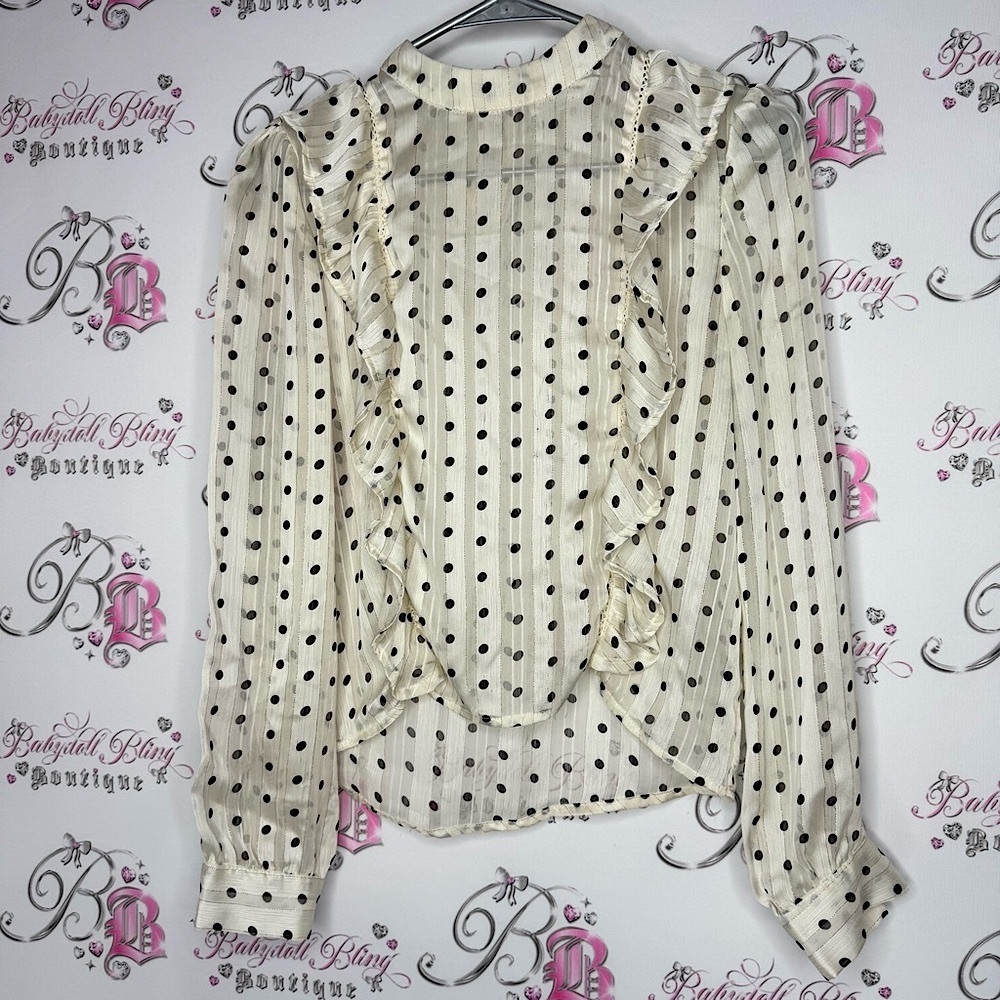 Polka Dot Ruffle Blouse White and Black frilly keyhole pearl buttons gold